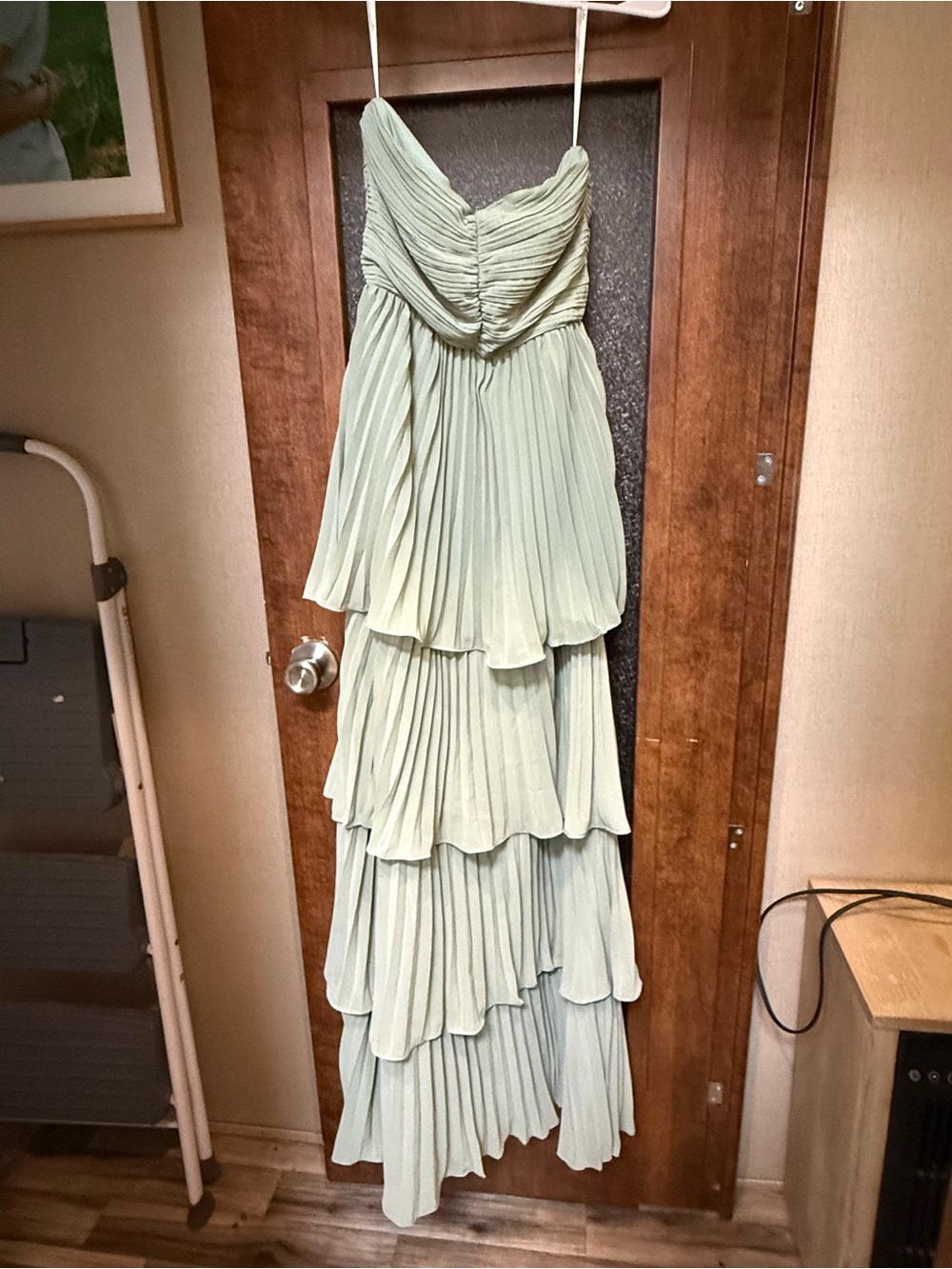 Lulu's Sage Green Strapless Tiered Pleated Maxi Dress